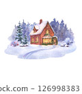 Watercolor red house with light in windows in winter background. Hand painted Christmas illustration with snow isolated on white background. Holiday card for design, fabric, print, or background. 126998383