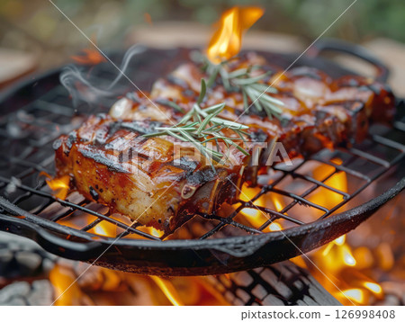 Grilled pork ribs cooking on charcoal barbecue 126998408