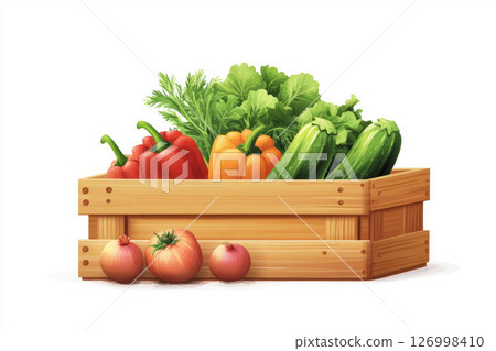 Fresh vegetables in a wooden box, illustration 126998410