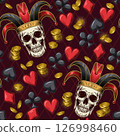 Seamless red pattern with Joker skull, scattered card suits icons, golden coins. Concept of luck, win jackpot. Gambling, casino theme. 126998460