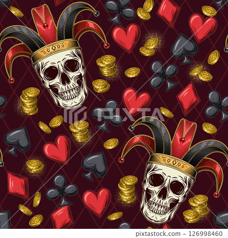 Seamless red pattern with Joker skull, scattered card suits icons, golden coins. Concept of luck, win jackpot. Gambling, casino theme. 126998460