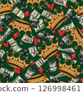 Seamless green pattern with golden crown, scattered card suits icons, flying 100 dollar bills, stacks. Concept of luck, success, win jackpot. Gambling, casino theme 126998461