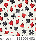 Seamless pattern with randomly scattered card suits icons on white background. Small and big symbols of hearts, clubs, spades, diamonds. Gambling, casino theme 126998462