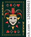 Joker card with jester comedy mask in harlequin hat, icons of playing card suits Vintage style. Vertical A4 poster 126998463