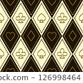 Seamless geometric pattern with card suits golden outline icons in rhombus grid made of gold jewelry chain. Luxurious style. Gambling, casino theme 126998464