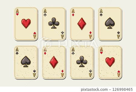 Four ace cards on white textured and solid color background. Vintage style. Four ace cards on white textured and solid color background. Vintage style. 126998465