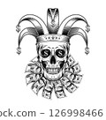 Joker, jester skull in harlequin hat with dollar signs. Under skull is frill, jabot made with 100 US dollar bills. Concept of luck, win jackpot. Black and white graphics 126998466
