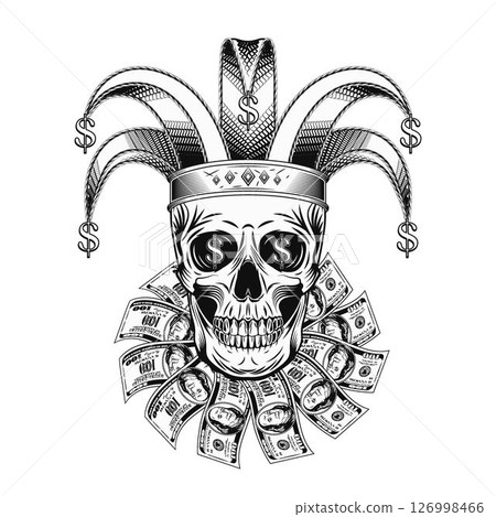 Joker, jester skull in harlequin hat with dollar signs. Under skull is frill, jabot made with 100 US dollar bills. Concept of luck, win jackpot. Black and white graphics 126998466
