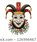 Joker, jester comedy mask in harlequin hat with golden dollar signs. Under mask is frill, jabot made with 100 US dollar bills and carnival pennants. Concept of luck, win jackpot 126998467