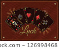 Horizontal A4 poster with four black ace cards, joker card, text, halftone shapes on red textured background. Fan shaped composition. Concept of luck, win jackpot. Vintage style 126998468