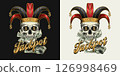 Emblem with joker, jester skull in harlequin hat with golden dollar signs, golden text. Mouth full of cash money. Concept of luck, win jackpot. 126998469