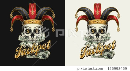 Emblem with joker, jester skull in harlequin hat with golden dollar signs, golden text. Mouth full of cash money. Concept of luck, win jackpot. Emblem with joker, jester skull in harlequin hat with golden dollar signs, golden text. Mouth full of cash money. Concept of luck, win jackpot. 126998469