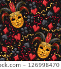 Seamless red pattern with Joker, venetian golden mask in jester hat. scattered card suits icons, streamer ribbon. Concept of luck, win jackpot. Gambling, casino theme. 126998470