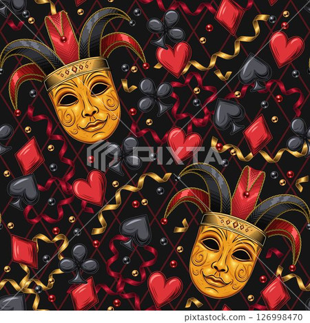 Seamless red pattern with Joker, venetian golden mask in jester hat. scattered card suits icons, streamer ribbon. Concept of luck, win jackpot. Gambling, casino theme. 126998470