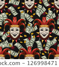 Seamless pattern with Joker, theatrical comedy mask in jester hat. Falling 100 dollar bills, golden coins. Masks in geometric checkerboard arrangement. Concept of luck, win jackpot 126998471