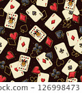 Seamless pattern with randomly scattered ace cards, joker card, card suits icons on dark textured background. Gambling, casino theme. Vintage style 126998473