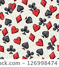 Seamless pattern with randomly scattered card suits icons on white textured background. Hearts, clubs, spades, diamonds. Gambling, casino theme. 126998474
