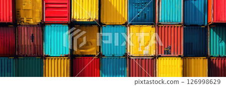 horizontal banner, sea freight, multicolored containers, international trade concept, copy space, free space for text 126998629