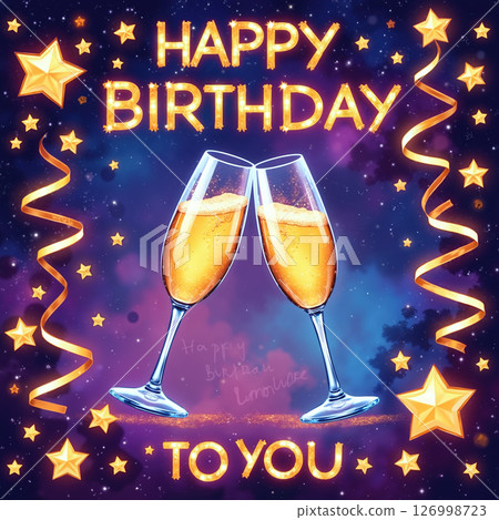 Golden birthday card with champagne glasses and stars. Golden birthday card with champagne glasses and stars. 126998723