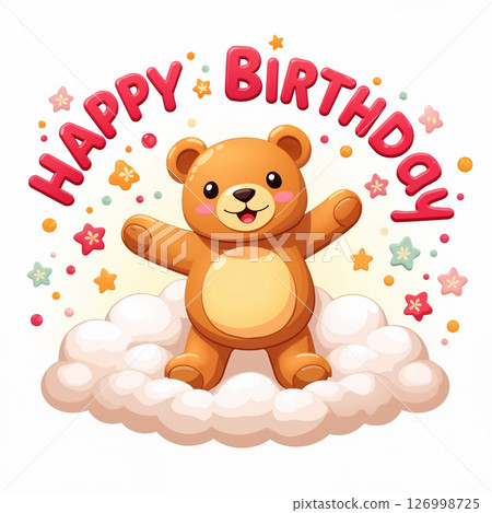 Happy birthday bear on clouds with colorful stars and dots. Happy birthday bear on clouds with colorful stars and dots. 126998725