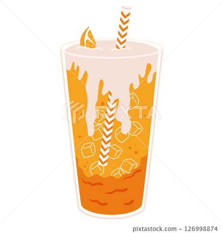 Orange soda with whipped cream, ice cubes and striped straw in clear glass isolated Orange soda with whipped cream, ice cubes and striped straw in clear glass isolated 126998874