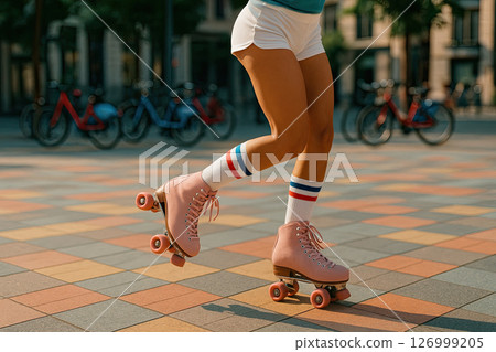 Womans Legs in Roller Skates, Urban Plaza Close-Up 126999205