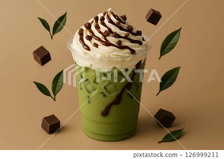 Iced Matcha Latte with Whipped Cream and Chocolate Swirls 126999211