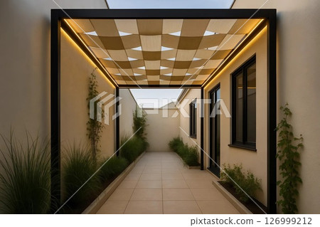 Elegant Pergola with Geometric Shade in a Modern Courtyard Elegant Pergola with Geometric Shade in a Modern Courtyard 126999212