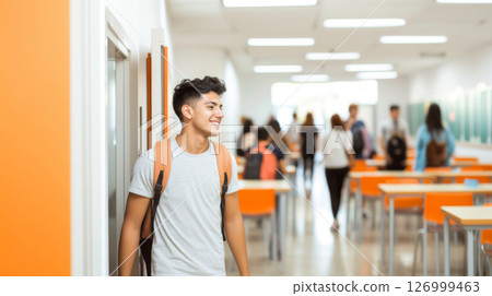 Young latin american man entering classroom, smiling at students, education concept Young latin american man entering classroom, smiling at students, education concept 126999463