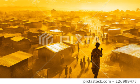 African village life scene with man silhouetted against sunset, serene atmosphere 126999475