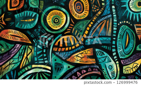 Colorful African textile pattern featuring abstract geometric shapes, background Colorful African textile pattern featuring abstract geometric shapes, background 126999476