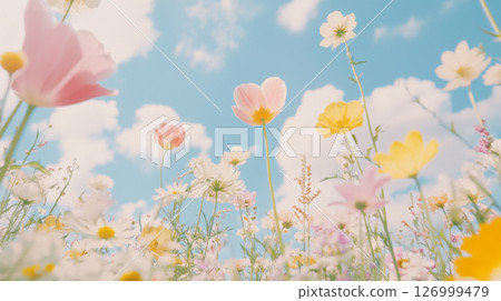 Tulip and daffodil flowers in sunny field with blue sky background, spring season 126999479