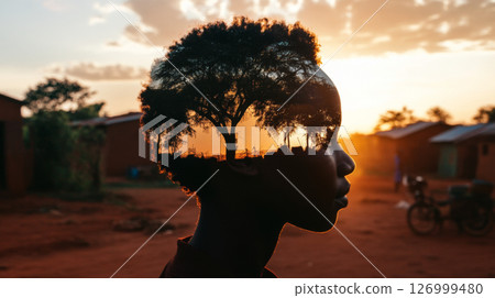 Double exposure of African woman with tree silhouette at sunset, concept, background 126999480