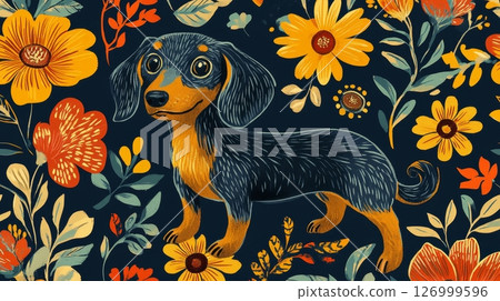 A playful dachshund stands happily surrounded by colorful flowers in a bright, artistic garden scene, showcasing its charming personality 126999596