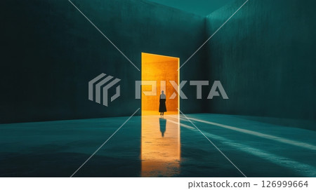 Mysterious silhouette standing before glowing doorway in surreal dark room with reflections 126999664