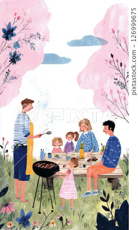 Family gathers around a picnic table in the backyard, enjoying a summer day filled with grilling, laughter, and delicious food as smoke wafts from the grill 126999675