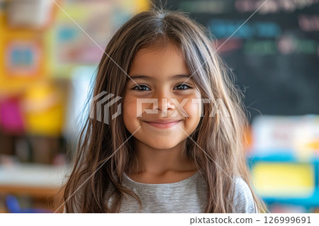 A 10-year-old Hispanic girl smiles cheerfully, showcasing her long hair and a pink hairpin, enjoying her time in a vibrant classroom filled with colorful decorations 126999691