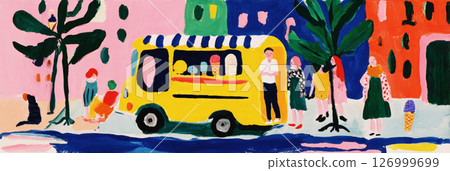 Under a bright sun, a colorful ice cream truck is parked on a lively street as children gather excitedly. Joyful faces light up while they await their sweet treats and delicious flavors 126999699