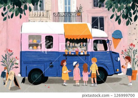 Under the warm sun, kids gather around a vibrant ice cream truck, eagerly eyeing the sweet treats while an adult watches nearby, creating a cheerful scene of joy and summer fun 126999700