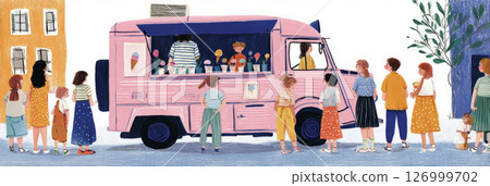 On a bright sunny day, children gather around a colorful ice cream truck parked on a lively street, eagerly waiting to enjoy sweet frozen treats and classic summer fun On a bright sunny day, children gather around a colorful ice cream truck parked on a lively street, eagerly waiting to enjoy sweet frozen treats and classic summer fun 126999702