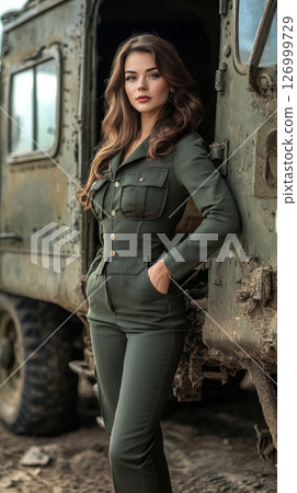 Military woman in full gear with combat vehicle, blending style, grit, and national pride 126999729