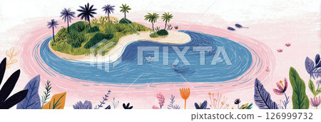 This aerial perspective captures a lush green island embraced by clear blue waters. Palm trees line the picturesque shore, creating a tranquil tropical getaway perfect for relaxation 126999732