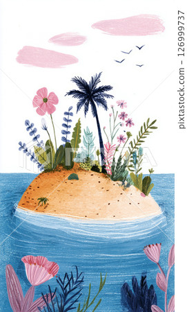 Tranquil beach scene featuring clear water lapping against the shore, surrounded by lush greenery and colorful flowers, all beneath a pastel sky at sunset 126999737