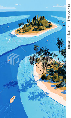 Stunning aerial perspective of serene waters embracing lush green islands. Palm trees shade sandy beaches under a vibrant sky, creating a peaceful tropical atmosphere Stunning aerial perspective of serene waters embracing lush green islands. Palm trees shade sandy beaches under a vibrant sky, creating a peaceful tropical atmosphere 126999743