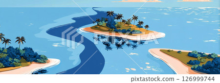 Stunning aerial perspective showcases a lush green island surrounded by calm blue waters, featuring palm trees along the shore under a clear sky. A peaceful oasis inviting relaxation Stunning aerial perspective showcases a lush green island surrounded by calm blue waters, featuring palm trees along the shore under a clear sky. A peaceful oasis inviting relaxation 126999744