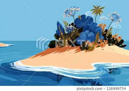 Soft waves lap gently against the shoreline of a peaceful beach. Vibrant tropical plants create a serene atmosphere in a picturesque coastal setting, inviting relaxation and reflection 126999754