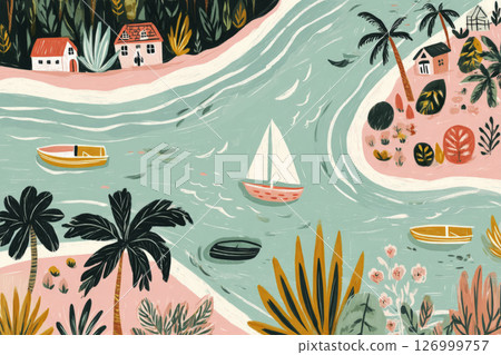 Experience the beauty of a green island with palm-lined shores and a cozy cottage, embraced by crystal-clear waters and a white sailboat gliding peacefully in the distance Experience the beauty of a green island with palm-lined shores and a cozy cottage, embraced by crystal-clear waters and a white sailboat gliding peacefully in the distance 126999757