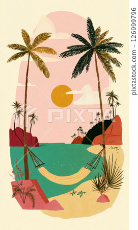 A tranquil beach offers clear blue water and swaying palm trees. An empty hammock is ready for relaxation under the warm sun, surrounded by a peaceful landscape 126999796