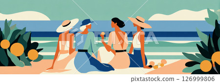 Group of friends sits together on a sunny beach, laughing and enjoying ice cream. Vibrant hats and warm sun create a cheerful summer atmosphere 126999806