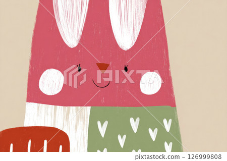 A cheerful bunny character is illustrated with bright colors and playful patterns, showcasing creativity in children's art. This artwork inspires joy and imagination in young viewers 126999808